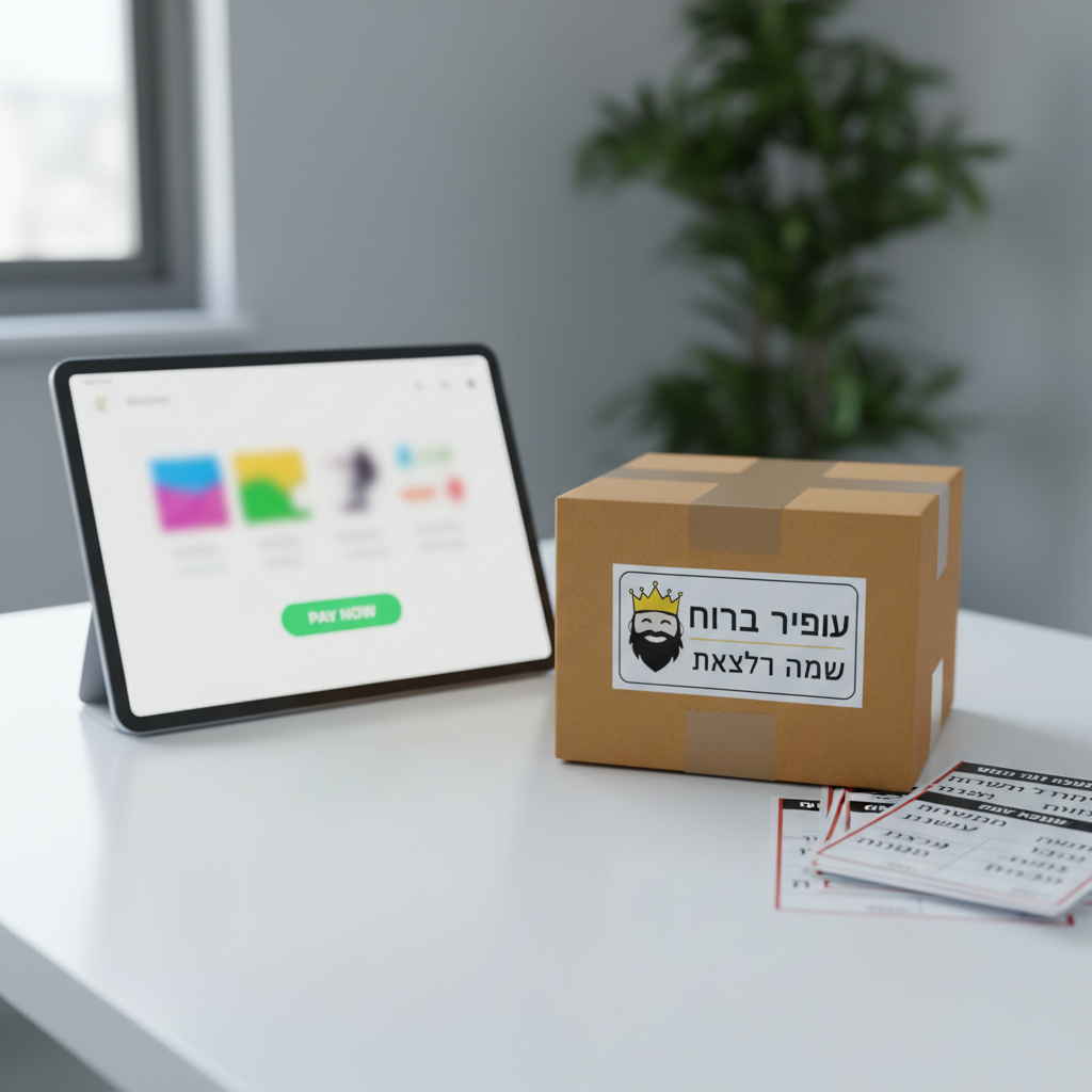 A detailed, close-up scene of an online checkout moment represented symbolically: a compact cardboard parcel with a printed “מיסטר דדיה ברכת השם” logo sticker sits next to a sleek tablet displaying a blurred shopping cart screen with colorful toy thumbnails. The package rests on a clean white desk, alongside a small stack of shipping labels marked for southern Israel cities up to אשדוד. Cool, diffused daylight from a window softly illuminates the devices and box, with gentle reflections on the tablet’s glass. Photographic realism, modern and minimal composition with a focus on the box and logo, shallow depth of field, conveying seamless online payment and delivery.