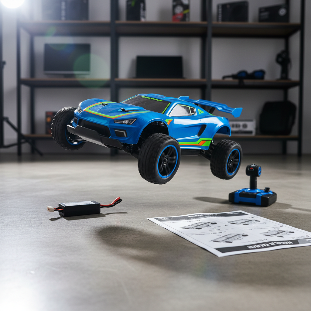 A fast, stylish remote-control car in electric blue with neon accents, rugged black tires, and a glossy, aerodynamic body, frozen mid-motion on a smooth, light-gray floor that subtly reflects its underside. Around it lie scattered accessories: a compact controller, rechargeable battery pack, and illustrated instruction sheet in Hebrew. Directional studio lighting from the back and side creates dynamic highlights on the car’s curves and dramatic shadows behind the wheels. Photographic realism with a low-angle, action-oriented composition and slight motion blur in the background, evoking speed, excitement, and the playful energy of tech toys available from an online shop in southern Israel.