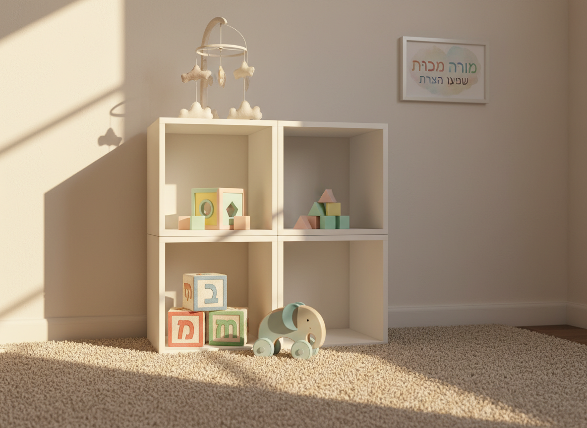A charming nursery corner featuring a white, minimalist shelving cube filled with age-appropriate toys: soft fabric blocks with Hebrew letters, a wooden pull-along animal with smooth painted wheels, a pastel-colored shape sorter, and a gentle musical mobile resting on the top shelf. A plush rug in light beige covers the floor, and a neutral wall behind displays a small framed print of the “מיסטר דדיה ברכת השם” name in playful typography. Warm, diffused afternoon light from an unseen window bathes the scene, casting soft, elongated shadows. Photographic realism, eye-level composition with a slightly wide frame, creating a cozy, reassuring atmosphere ideal for parents shopping online for baby toys.