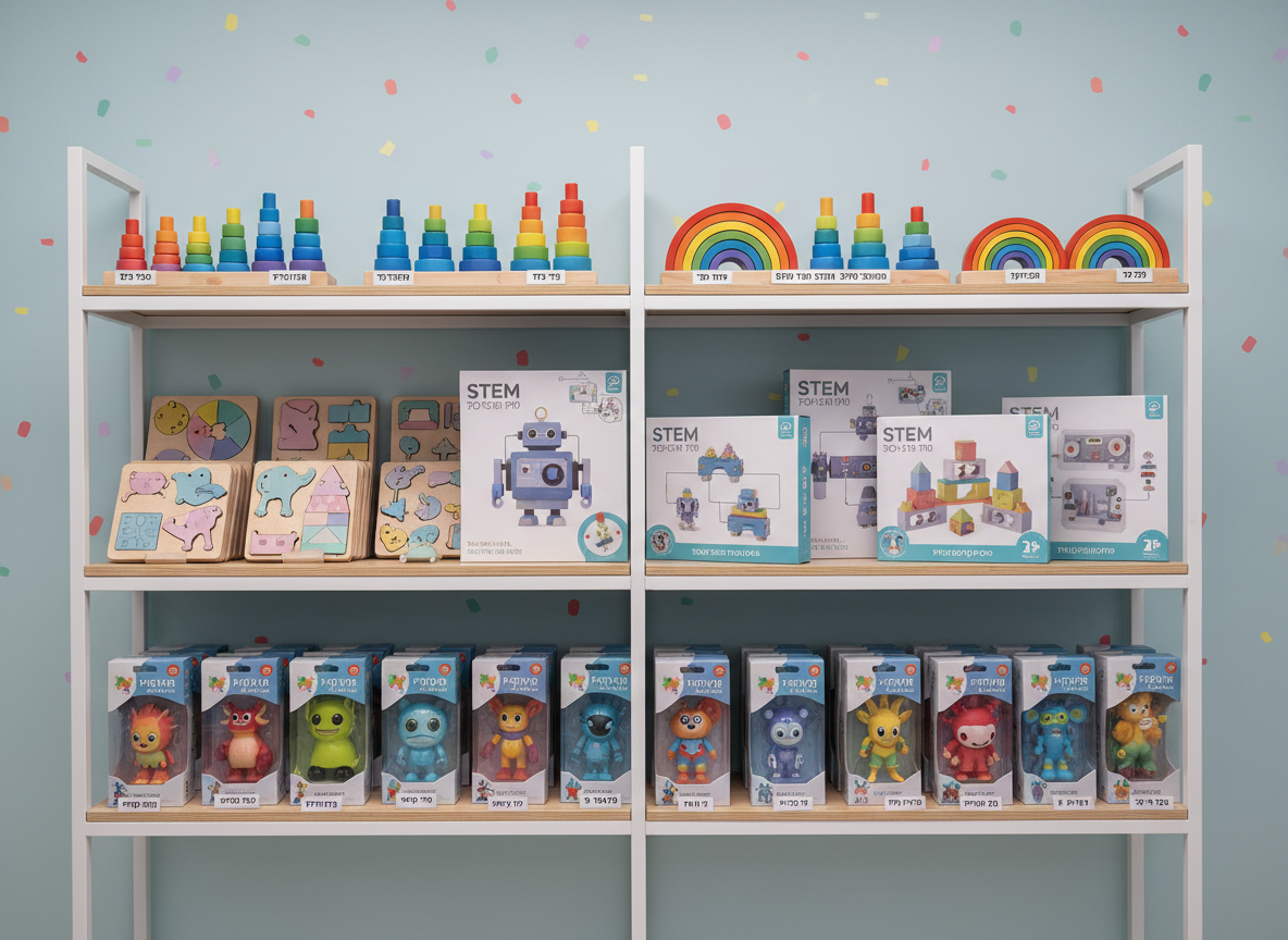 A tidy, modern shelving unit filled with neatly arranged toys: rainbow-colored stacking rings, pastel wooden puzzles, boxed STEM kits with crisp graphics, and collectible figurines in clear packaging, all labeled in Hebrew. The shelves stand against a light pastel wall featuring a subtle, playful pattern reminiscent of confetti. Soft studio lighting from above and the front evenly illuminates every product, creating gentle highlights on plastic packaging and soft shadows beneath each item. Photographic realism with a clean, e-commerce ready look, shot from a slightly elevated angle with sharp focus throughout, conveying an organized, trustworthy online toy shop with a fun and inviting personality.