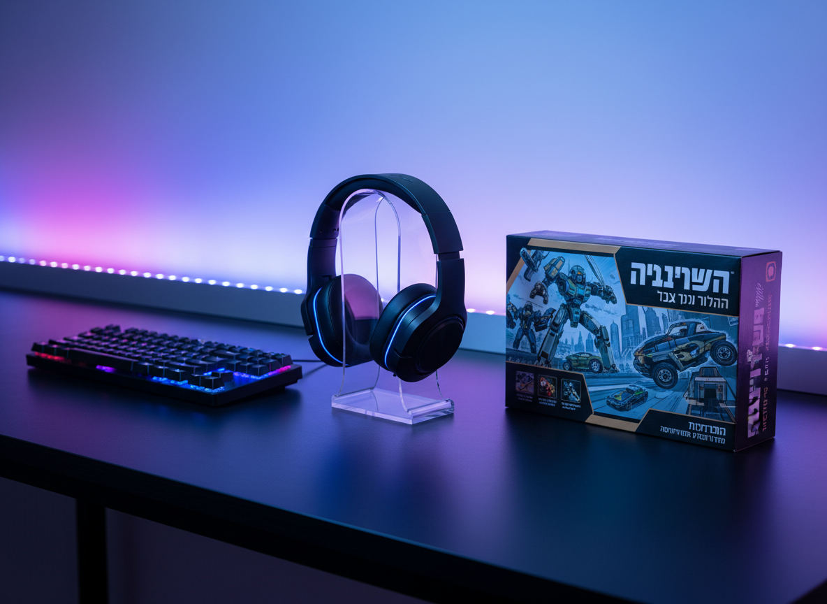 A sleek gamer-style desk setup tailored for older kids: a bold, neon-accented wireless gaming headset resting on its stand, a compact LED-lit keyboard, and a boxed gaming-themed toy set with dynamic graphics in Hebrew, all arranged on a matte black desk surface. The background reveals a softly glowing RGB strip along the wall, slightly blurred to maintain focus on the toys. Cool, directional studio lighting with subtle blue and purple tones creates reflections on plastics and metals, adding a high-tech feel. Photographic realism, three-quarter angle composition with moderate depth of field, conveying excitement, trendiness, and the cutting-edge side of the online toy store’s catalog.