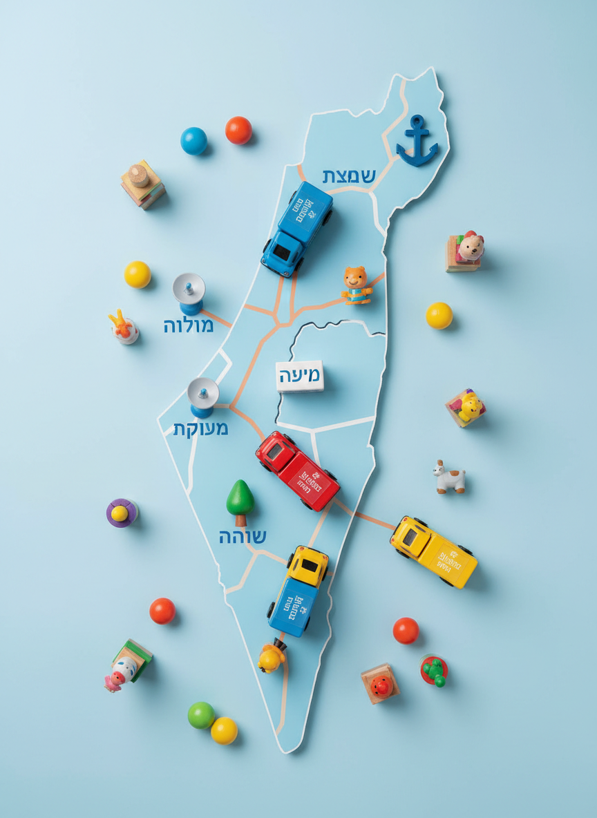 A playful, map-inspired flat lay showing southern Israel, illustrated on a smooth pastel-blue board, with small toy icons marking cities such as באר שבע, אופקים, נתיבות, and אשדוד. Miniature delivery trucks styled as toy vehicles, each branded with a tiny “מיסטר דדיה ברכת השם” logo, are placed along illustrated roads, surrounded by scattered mini toys like tiny balls, blocks, and figurines. Overhead, soft, even studio lighting eliminates harsh shadows and keeps colors bright and cheerful. Photographic realism with a clean, top-down composition, sharp focus across the frame, and a fun, imaginative mood highlighting the store’s delivery area in a friendly, accessible way.